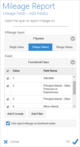 Calculate mileages for dominant routes per mileage field.